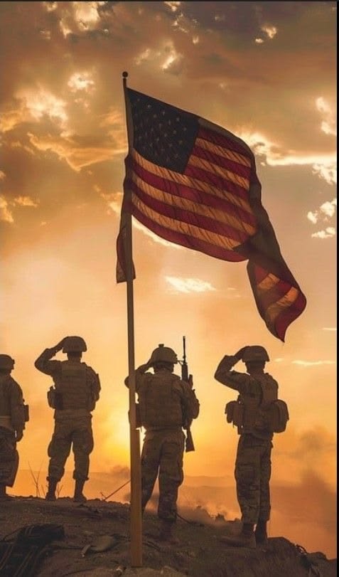 U.S. service members saluting the American flag at sunset
